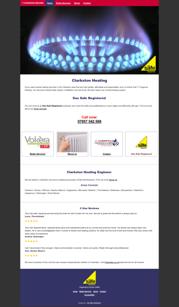 screeenshot of the home page of T Cosgrove Heating website