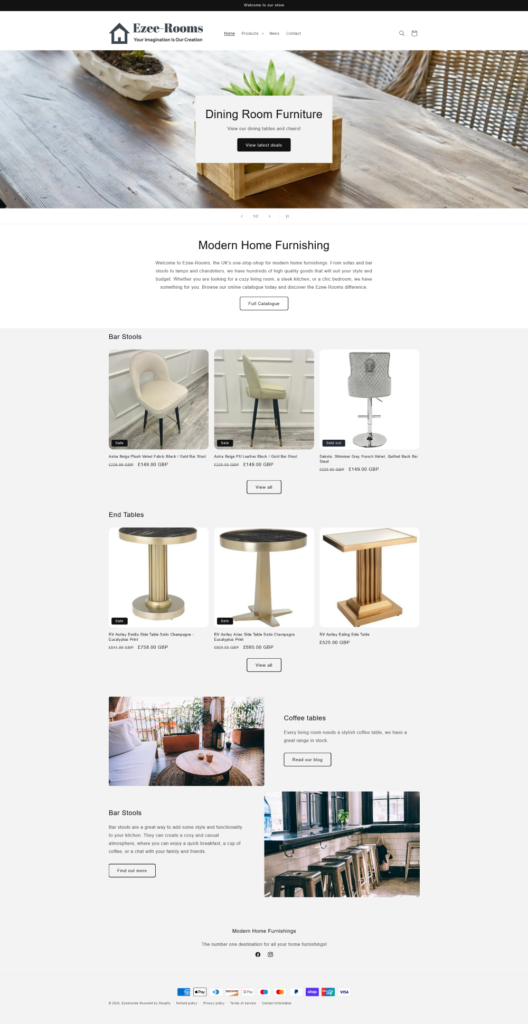 Screenshot of Ezeerooms website featuring photos of modern bar stools, chairs and tables